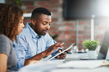 Creative, team and business people on tablet for planning social media campaign in startup. African...