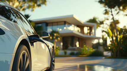 A close-up of a white electric car charging in front of a modern house