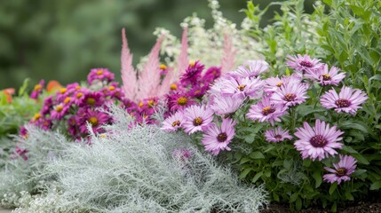 Obraz premium Vibrant purple and pink flowers in a lush garden setting