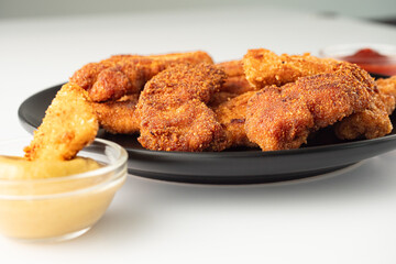 Crispy Chicken Strips with Spicy Mustard and Ketchup Sauces