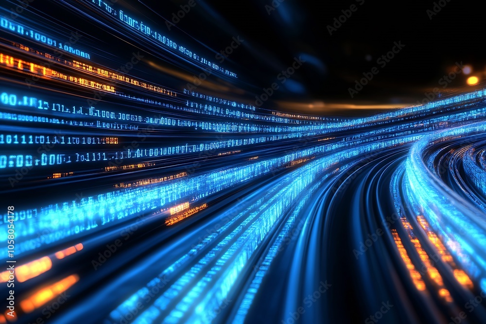 Poster Dynamic Digital Landscape with Flowing Binary Code in Blue and Orange Hues : Generative AI