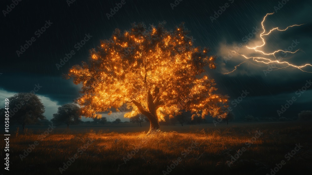 Wall mural A glowing tree stands against a stormy sky with lightning and rain.