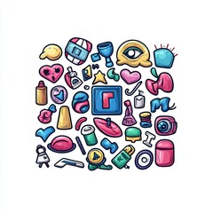 Colorful collection of artistic icons and symbols on a white background, perfect for creative projects.