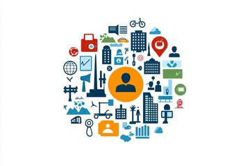 Naklejka premium Colorful icons representing business concepts and networks on a white background.