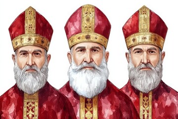 Fototapeta premium Three Saint Nicholas figures in red robes with ornate designs conveying tradition and reverence celebrating the origins of Christmas in a classic festive style
