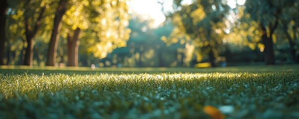 Stunning panorama of natural greenery with trees blurred in the background, creating a sunny park atmosphere with gentle bokeh and generous copy space