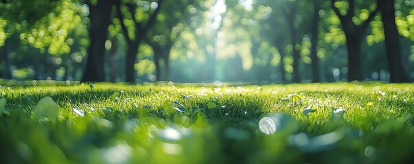 Stunning panorama of natural greenery with trees blurred in the background, creating a sunny park atmosphere with gentle bokeh and generous copy space