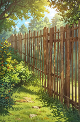 Rustic wooden fence in a sunny field surrounded by trees, evoking a peaceful countryside scene.