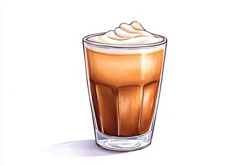 Delicious beverage in a clear glass topped with whipped cream, isolated on white background.