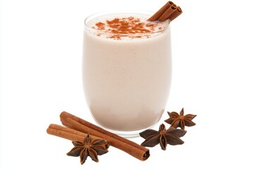 Delicious creamy beverage topped with cinnamon and star anise, served in a glass with spices on a white background.