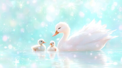 Obraz premium Elegant swan with adorable ducklings on tranquil water surrounded by sparkling bokeh