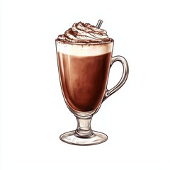 Delicious mocha coffee with whipped cream topping in a glass cup, isolated on white background.