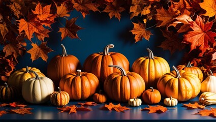 A colorful assortment of pumpkins in various sizes is arranged against a dark blue backdrop, surrounded by bright autumn leaves, creating a festive fall atmosphere perfect for seasonal celebrations