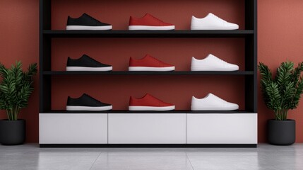 Modern sneaker display on shelves in a stylish store