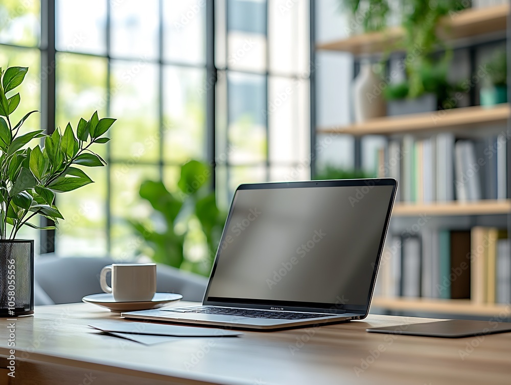 Poster bright home office setting with laptop and coffee for a peaceful and inspiring workspace : generativ
