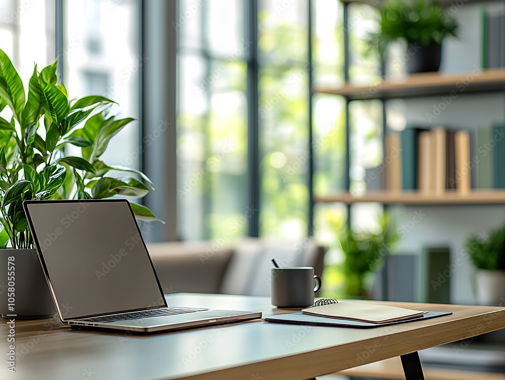 Poster modern home office setup with laptop greenery and natural light for productivity : generative ai