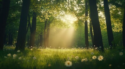 Naklejka premium A serene forest scene with sunlight shining through trees and wildflowers in the foreground.