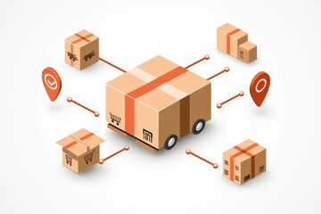 Delivery concept with boxes and location markers, on a white isolated background.