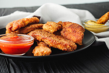 Crispy Chicken Strips with Spicy Sauces on a Rustic Wooden Background