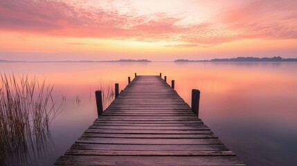 A wooden dock extending into a serene lake at sunset with colorful skies and reflections.