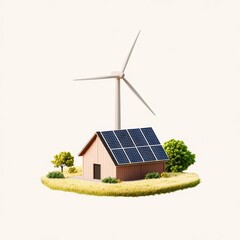 Eco-friendly house with solar panels and wind turbine surrounded by trees and grass, isolated on white background.