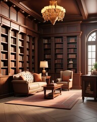 Fototapeta premium Elegant library interior with classic wooden bookshelves and cozy seating