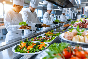 Obraz premium a high-tech food production line in a meat processing factory, where workers in white uniforms inspect products as they move along the automated conveyor