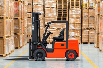 Electric forklift in a warehouse filled with stacked boxes, showcasing industrial efficiency.
