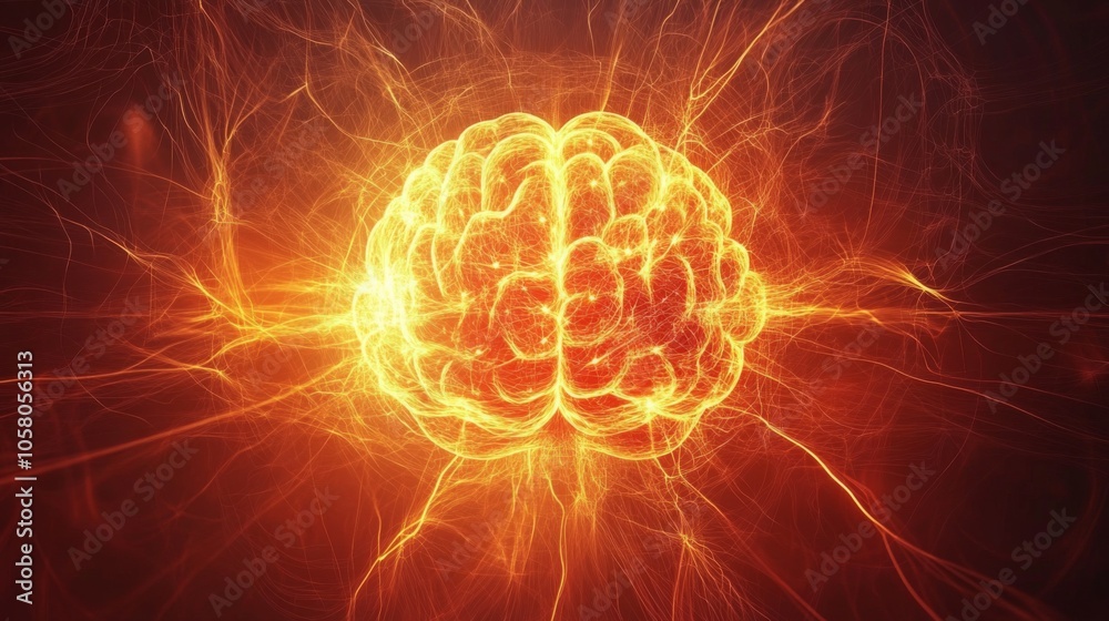 Leinwandbilder A vibrant brain emits bright energy bursts, surrounded by swirling light patterns against a dark backdrop. This visual representation highlights the complexity and power within the human mind.