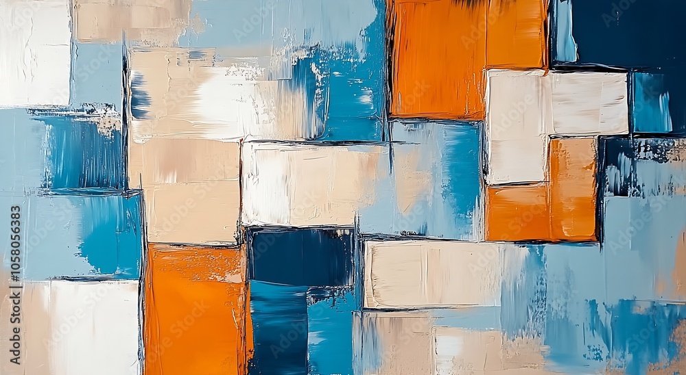Poster contemporary abstract art in blue and orange with geometric blocks and textures : generative ai