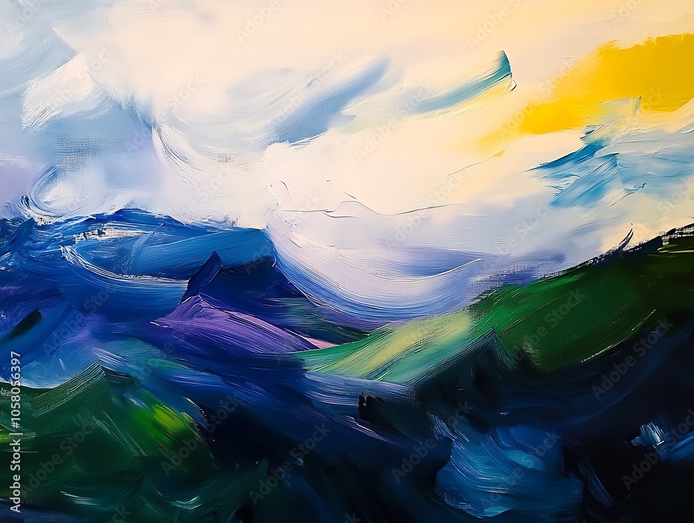 Poster Abstract Landscape Art with Swirling Blue Mountains and Majestic Yellow Hues Creating a Balanced Composition : Generative AI