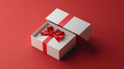 Isometric view of a white box with red ribbon, lid ajar, clean and simple design, red background with deep shadows, 3D rendering
