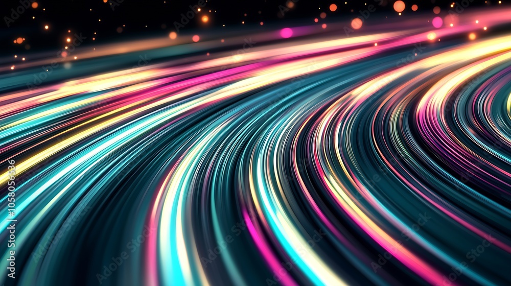 Poster vibrant curved light trails in neon colors creating energetic nighttime path : generative ai