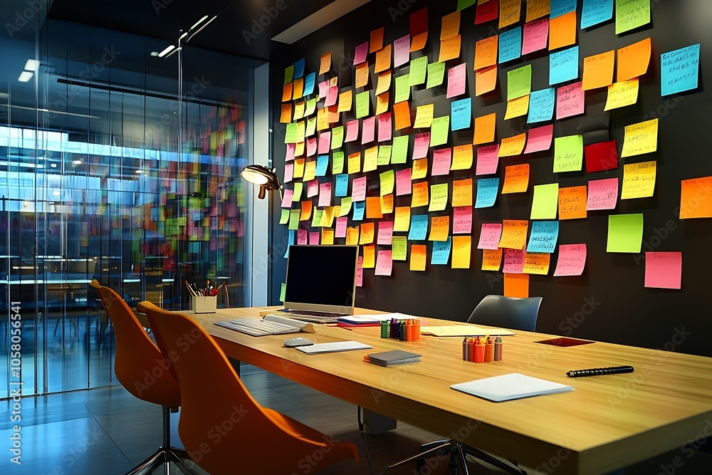 Poster creative brainstorming workspace with colorful sticky notes and modern furniture : generative ai