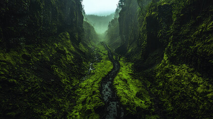 Lush green gorge with misty forest and rocky path in scenic landscape