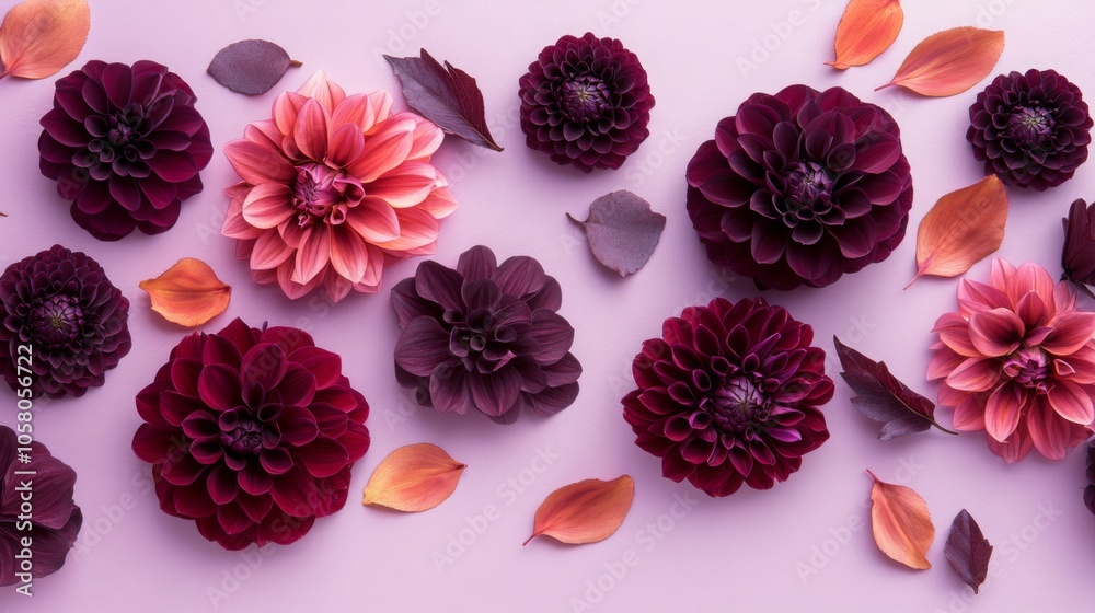 Poster a striking layout features deep red and delicate pink dahlias surrounded by autumn leaves on a soft 