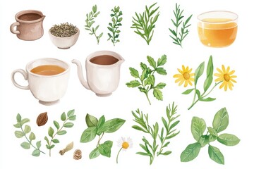 Herbs and teas collection with various cups, pots, and fresh leaves, isolated on white background.