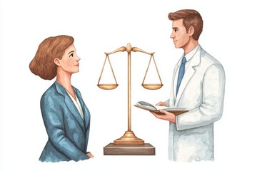 Illustration of a lawyer and a doctor discussing legal matters with a scale of justice.