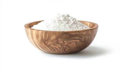 Heap of white flour in a rustic wooden bowl, symbolizing simplicity in cooking, isolated on white background