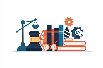 Illustration of law symbols, books, and gears on a white background.