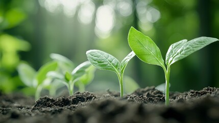Fototapeta premium Little green shoots growing in rich soil, out-of-focus background featuring a lush, fog-covered forest, early morning light