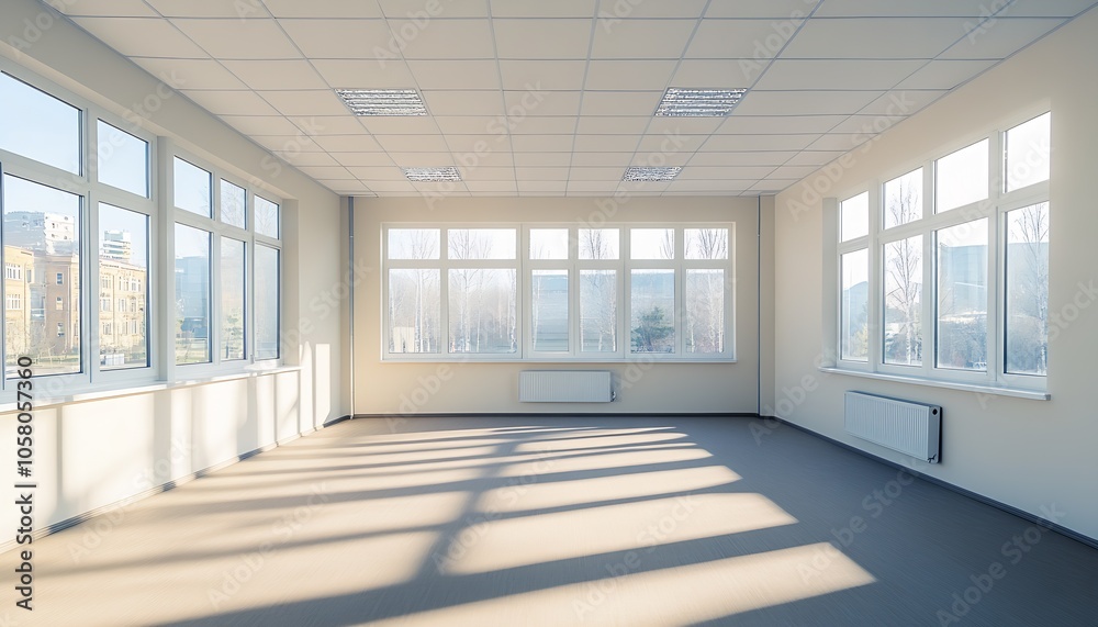 Poster contemporary empty office room with large sunlit windows and modern design : generative ai
