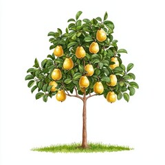 Lemon tree with ripe lemons, vibrant green leaves, and fresh grass, ideal for botanical illustration.