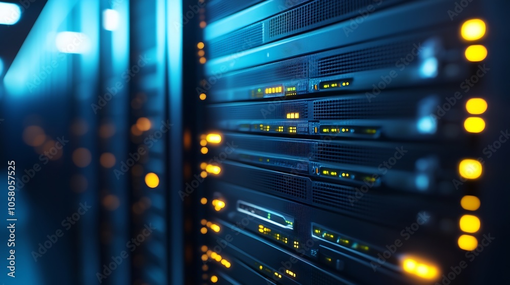 Aufkleber Modern Data Center Server Rack with Illuminated LED Lights for High Tech Industry : Generative AI