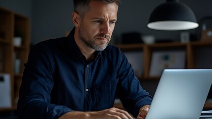 Focused businessman working on laptop in modern office evening setting : Generative AI