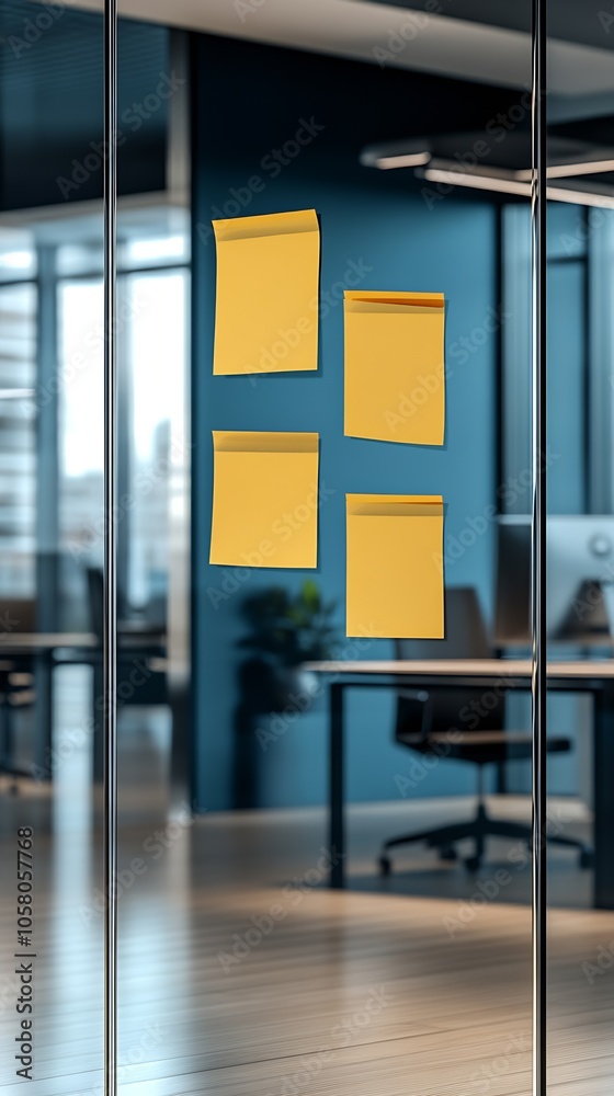 Poster minimalist office interior with strategic sticky notes on glass for efficient workflow : generative 