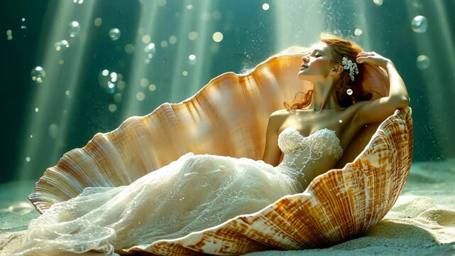 A serene underwater scene featuring a woman in a wedding dress resting in a large shell.