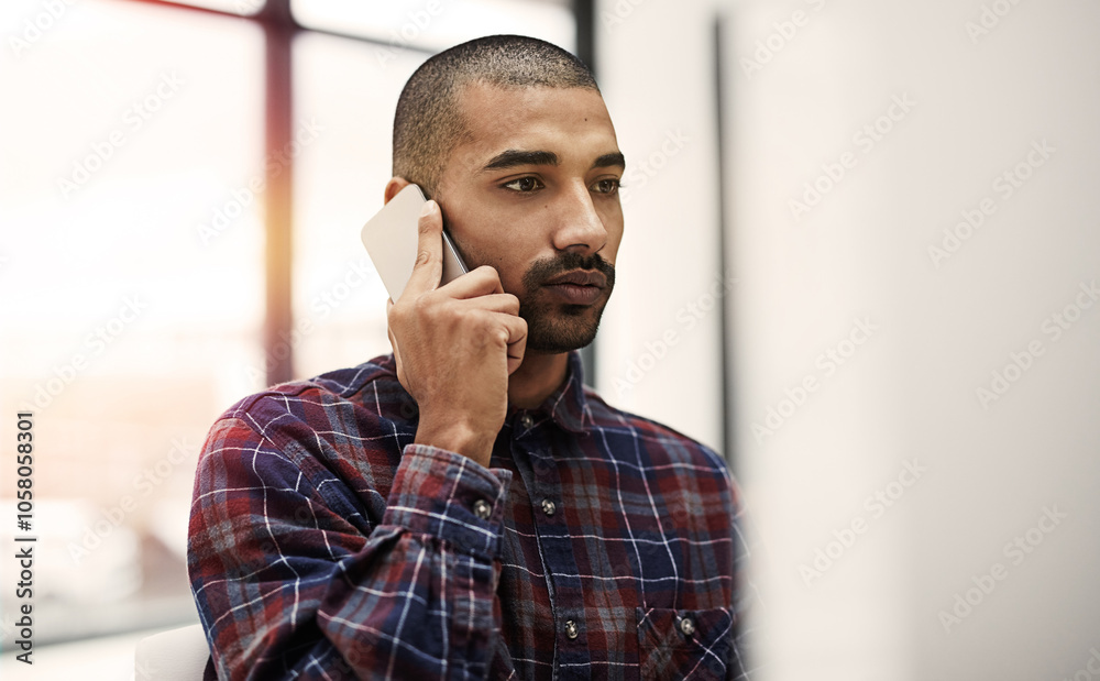 Fototapete Computer, design and phone call with business man in office for communication or networking. Conversation, discussion and negotiation with serious web developer in workplace for feedback or update