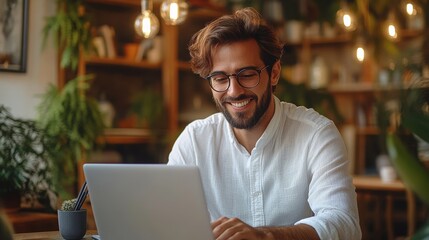 Smiling man with glasses working from home at a laptop, relaxed in a modern office, freelance career, productive work environment, natural lighting, casual professional