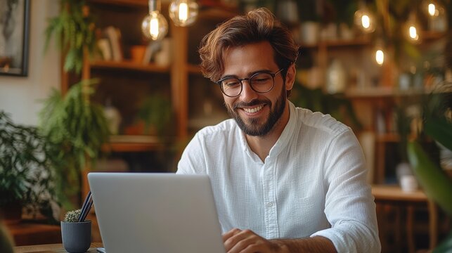 Smiling man with glasses working from home at a laptop, relaxed in a modern office, freelance career, productive work environment, natural lighting, casual professional